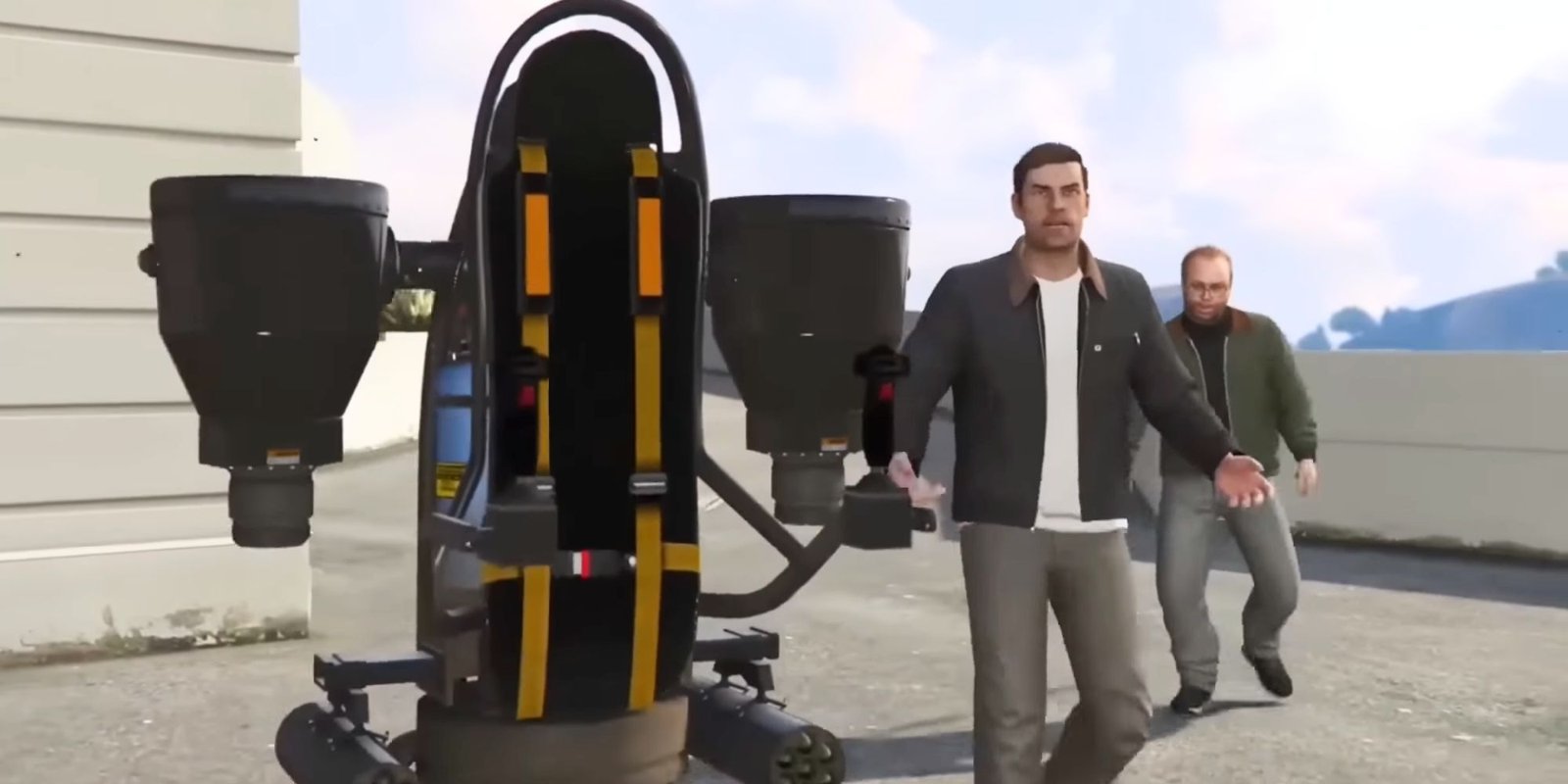 A man standing next to a giant jetpack