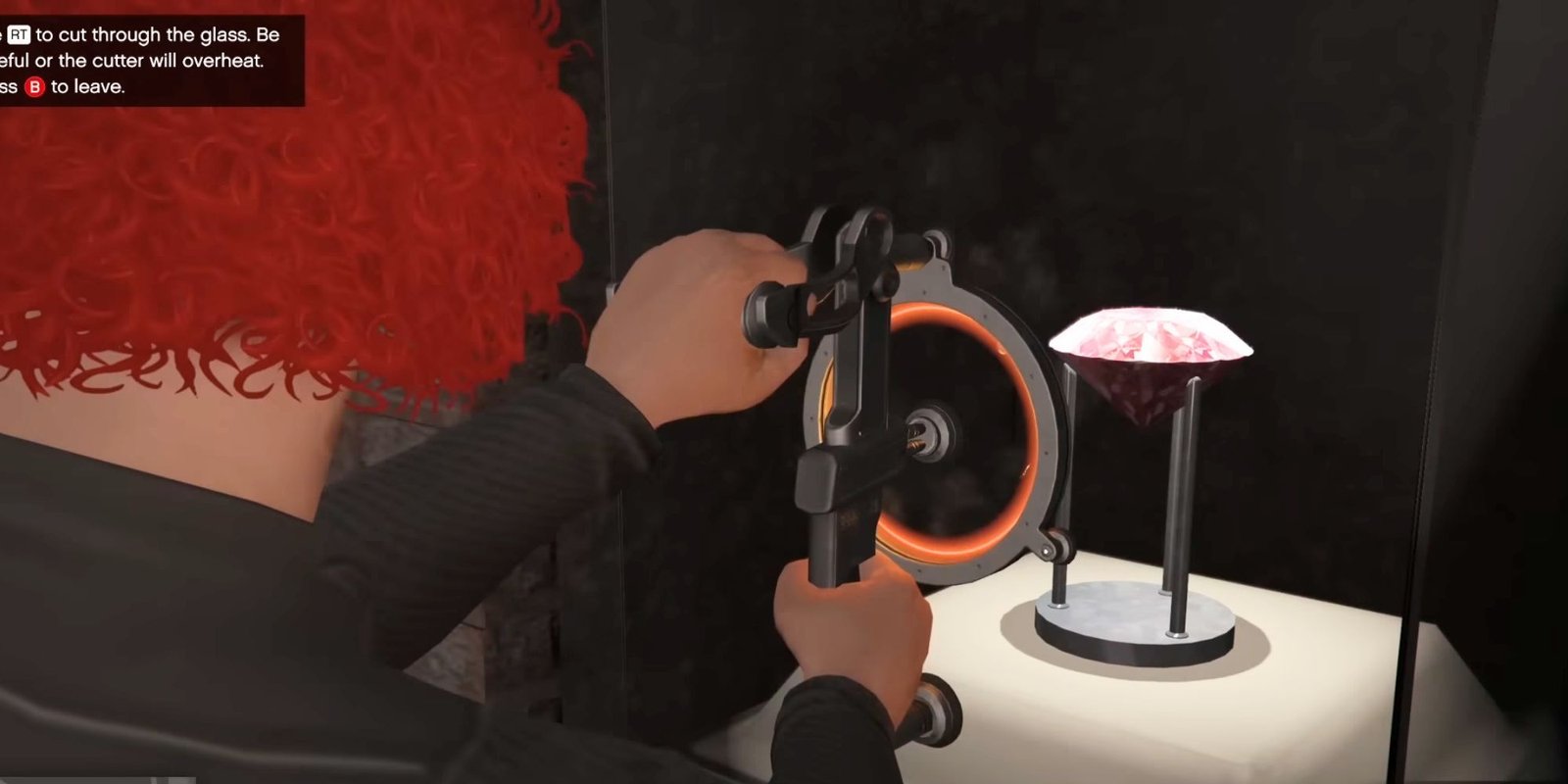 A man cutting the glass display to steal the pink diamond inside
