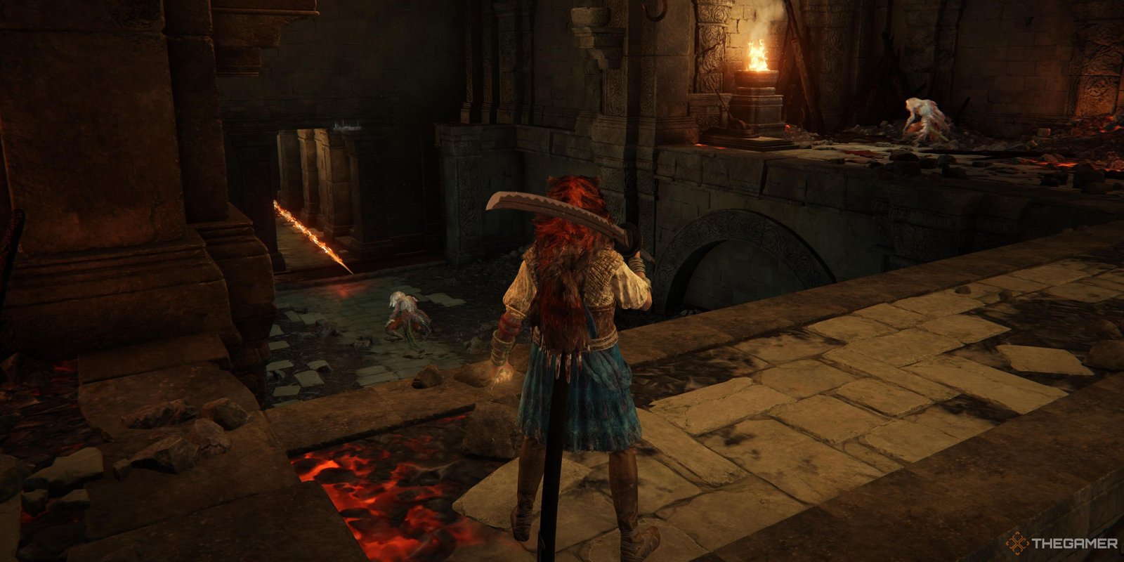ELDEN RING™ player standing on a bridge in the ruined forge of starfall past