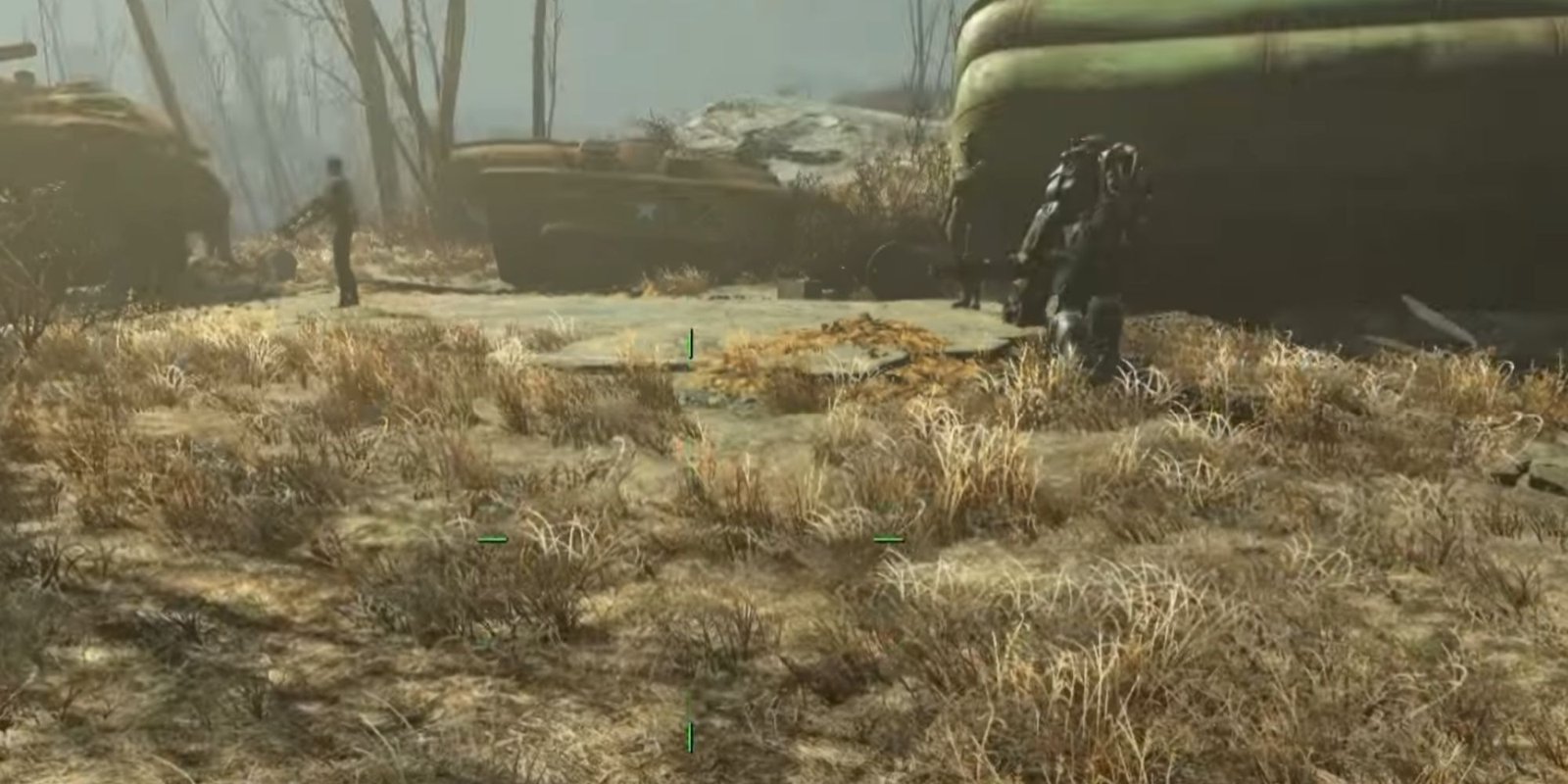A military convoy, some soldiers and someone wearing the power armor around.