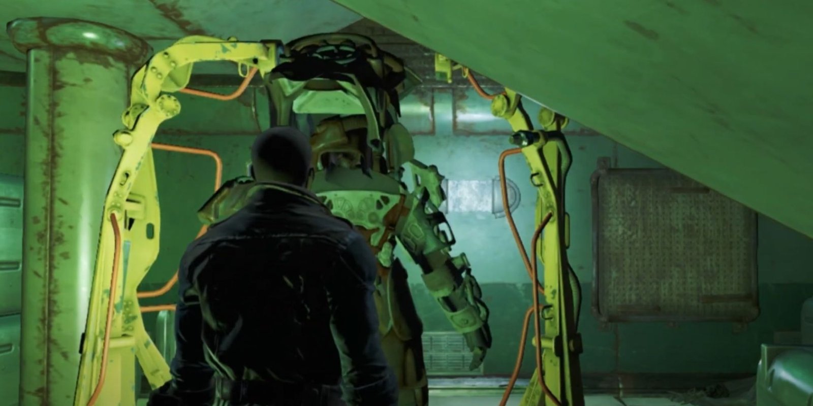 A character looking at a power armor empty at a station.