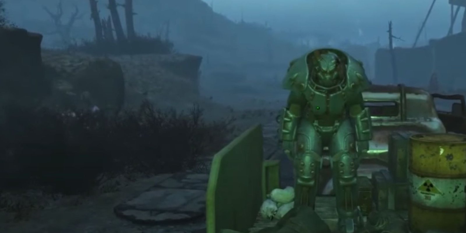 A power armor being transported on the back of a truck.