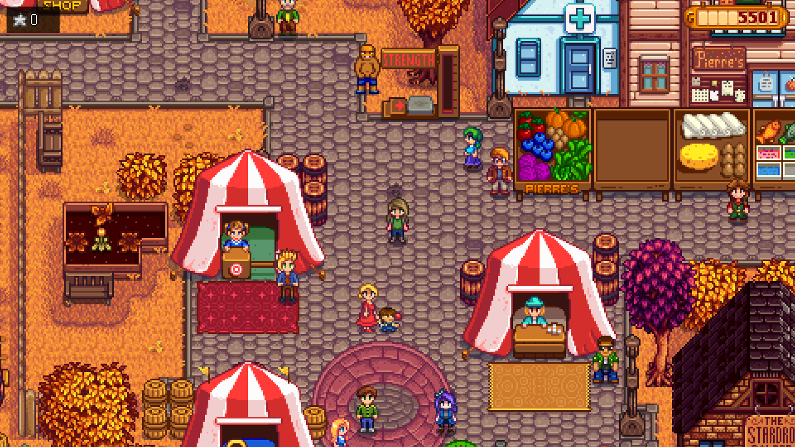 Stardew Valley Fair in-Game Screenshot showing tents for games and NPCs walking around