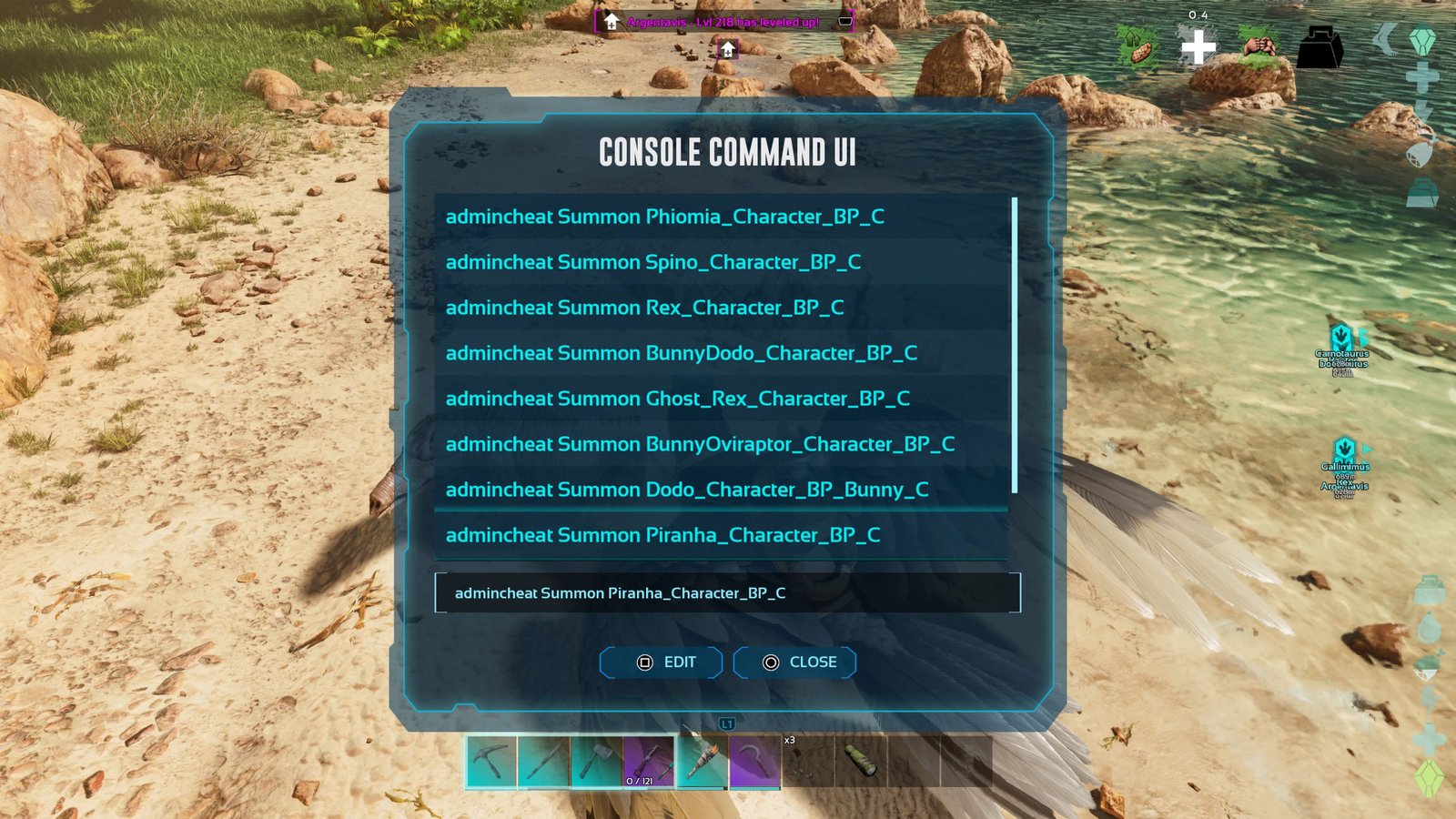 Player character looking at their console command UI list which includes several summon commands in Ark: Survival Ascended.