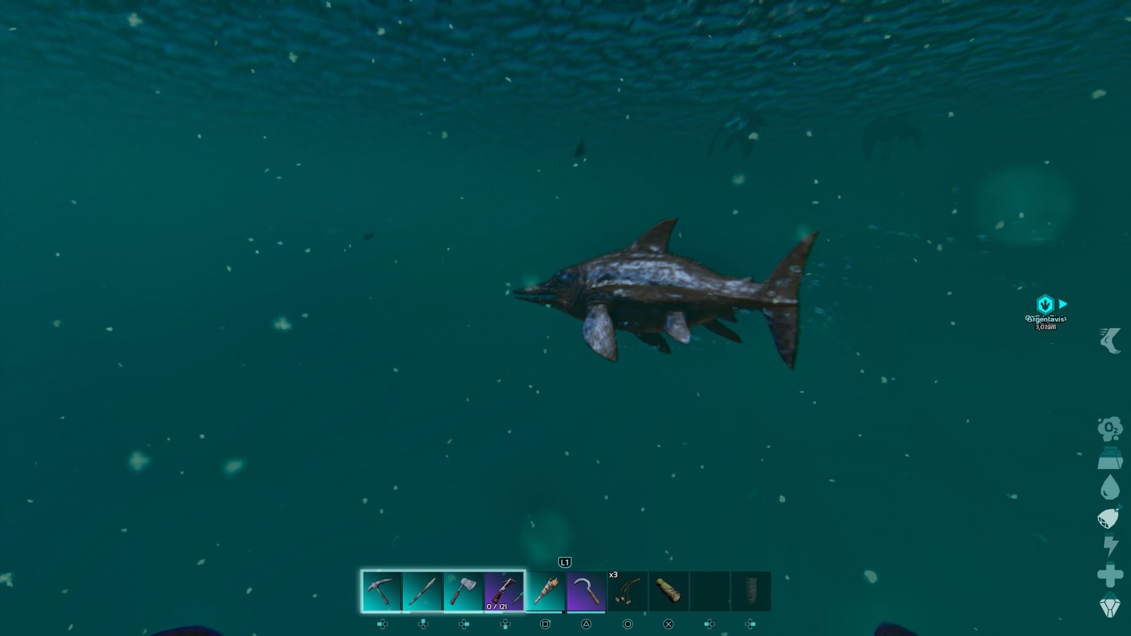 Player character swimming near a wild Ichthyosaurus in the open ocean on The Island in Ark: Survival Ascended.
