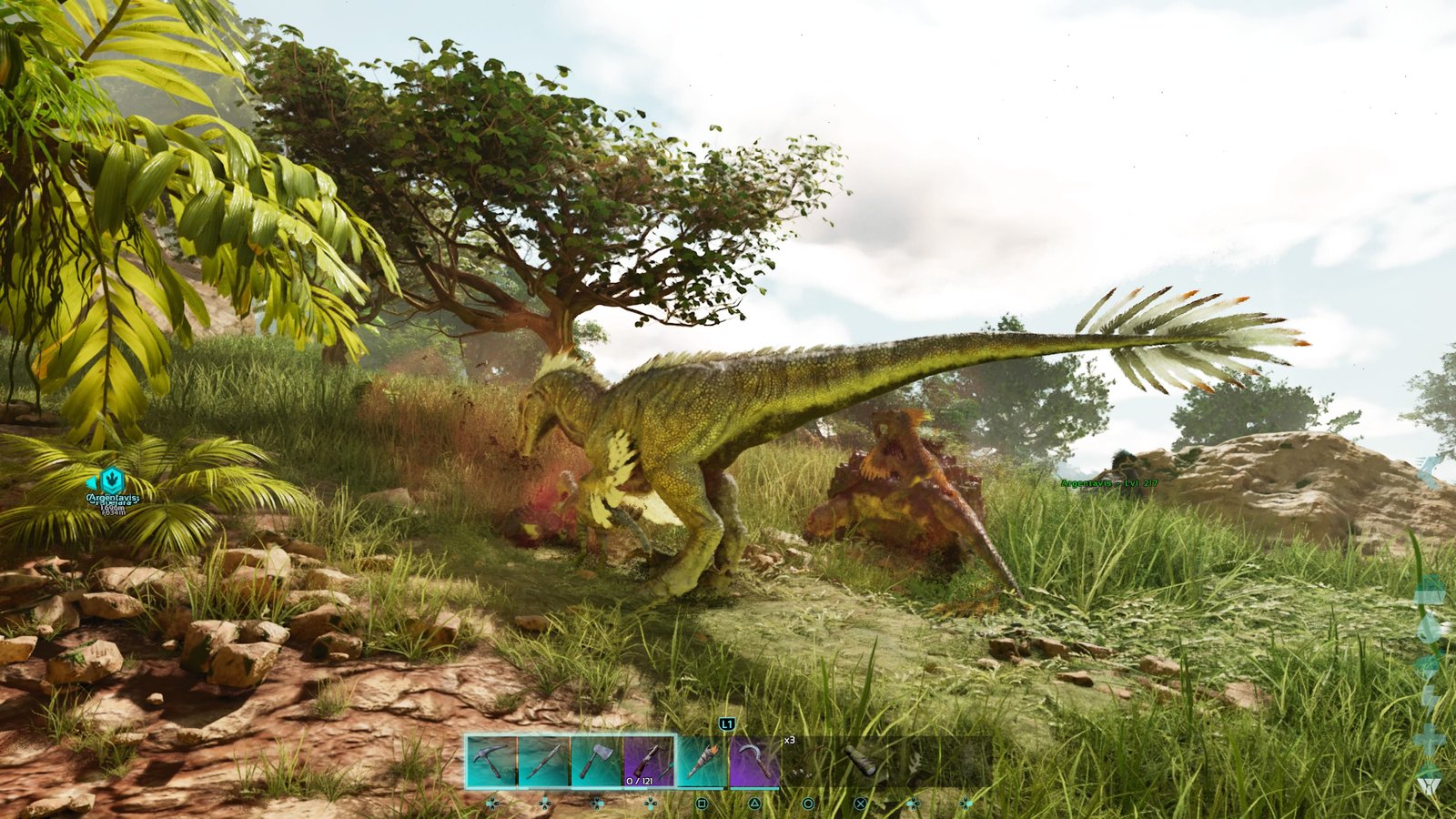 Player character watching an Alpha Raptor attack several wild creatures such as a Troodon and a Carbonemys in Ark: Survival Ascended.