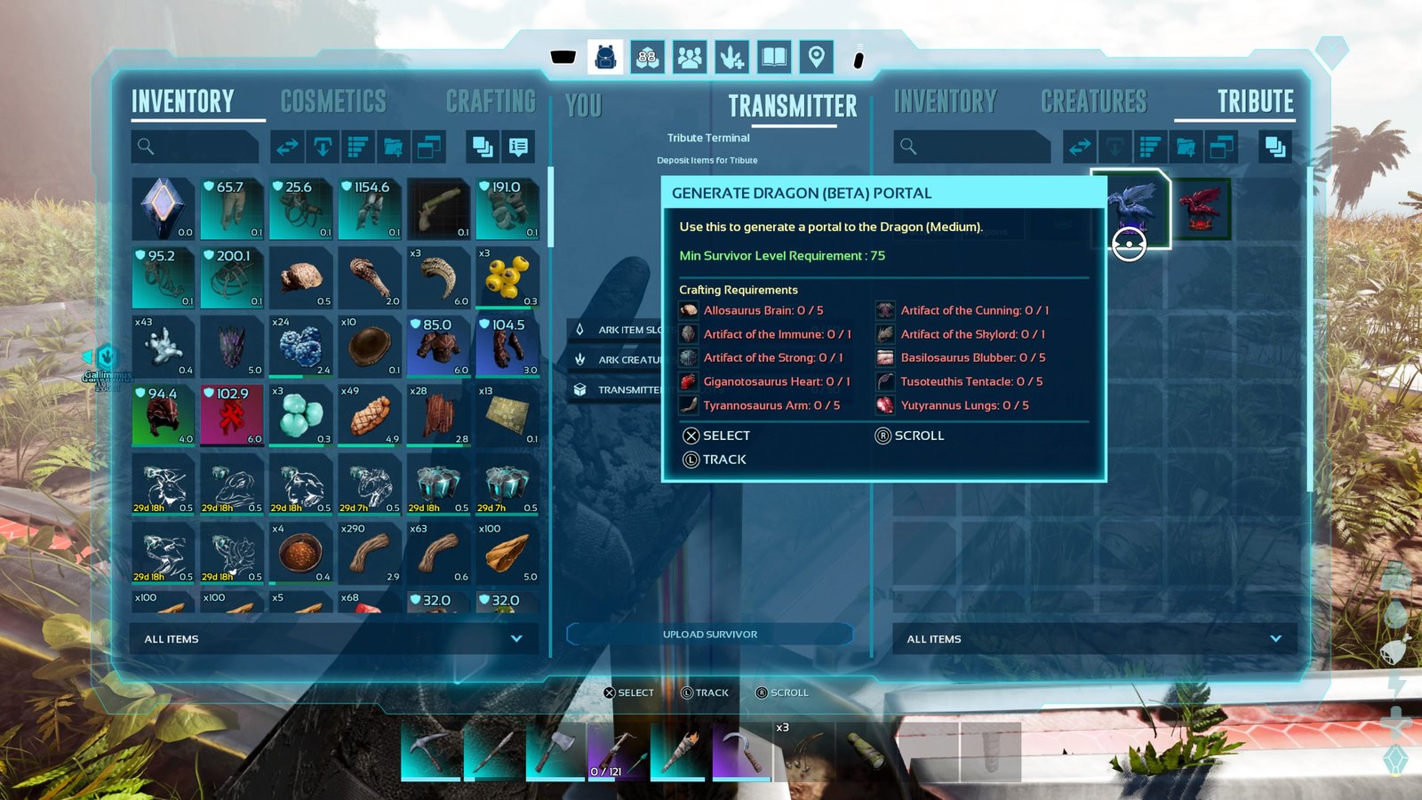 Player character accessing the terminal of the red Obelisk and one of the recipes for the Gamma version of the Dragon in Ark: Survival Ascended.