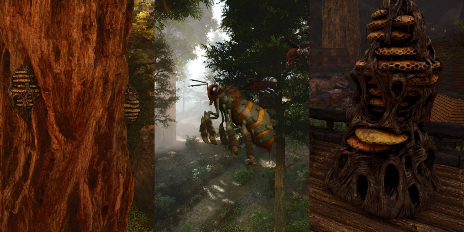 Split image featuring two hives attached to the same redwood tree, a Giant Queen Bee flying through the air, and a tamed player-based Beehive on a wood floor in Ark: Survival Ascended.