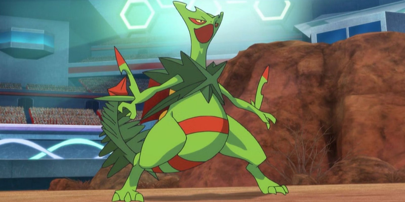 Mega Sceptile stands ready for battle in the Pokemon anime.