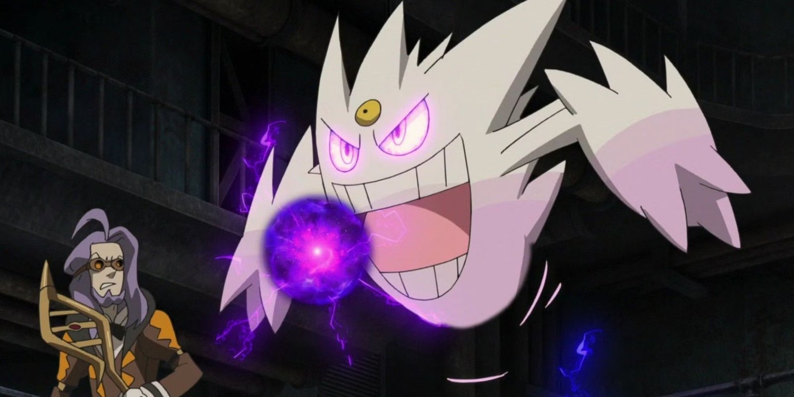 Mega Gengar prepares to use Shadow Ball in the Pokemon anime.