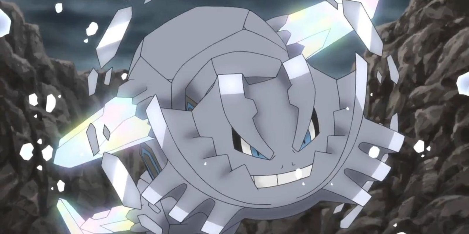 Mega Steelix bursts through ice in the mountainside in the Pokemon anime.