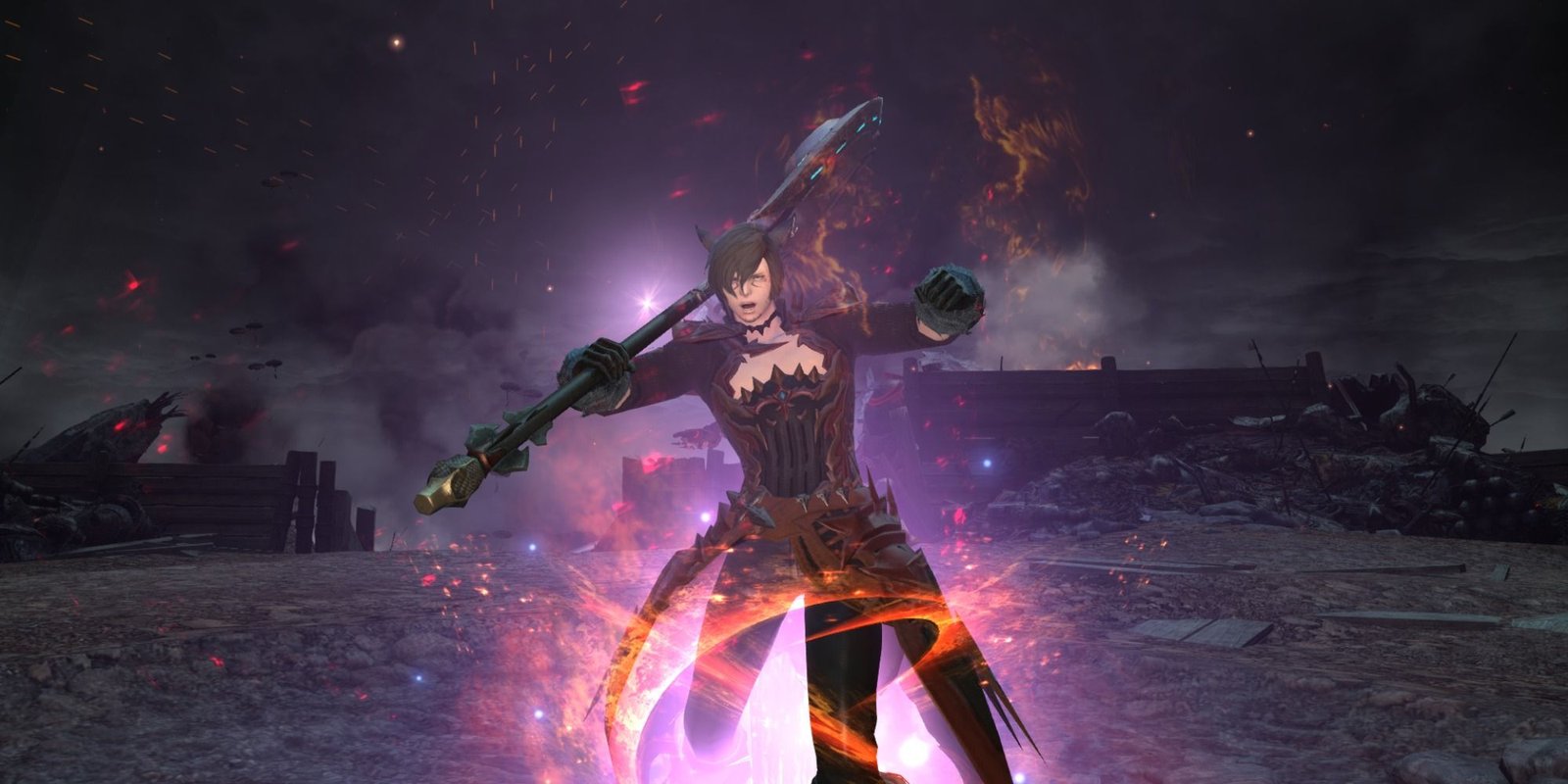 Final Fantasy 14 Marauder Warrior charging at screen while covered in aether and wielding a two-handed weapon