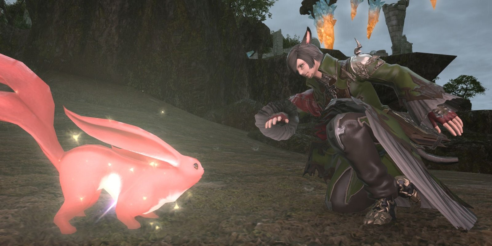 Final Fantasy 14 Arcanist Summoner bending down to interact with a pink summoned bunny