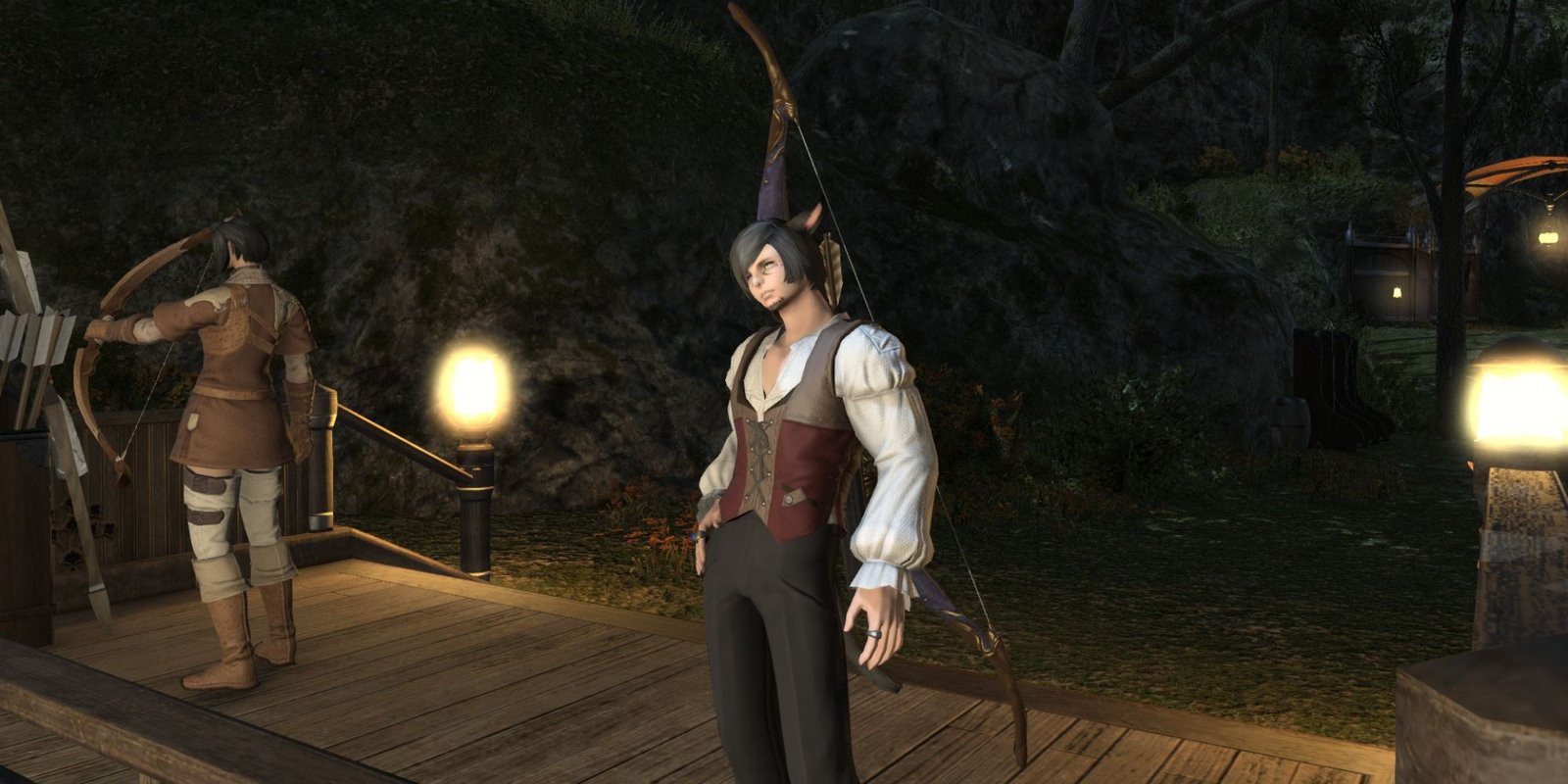 Final Fantasy 14 Archer Bard standing near other players on a wooden deck at night