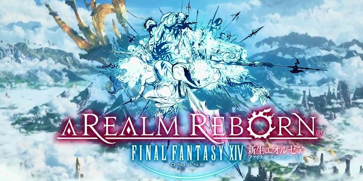 A Realm Reborn FF XIV online japanese cover art version depicting a cloudy world view landscape image with in game text overlayed