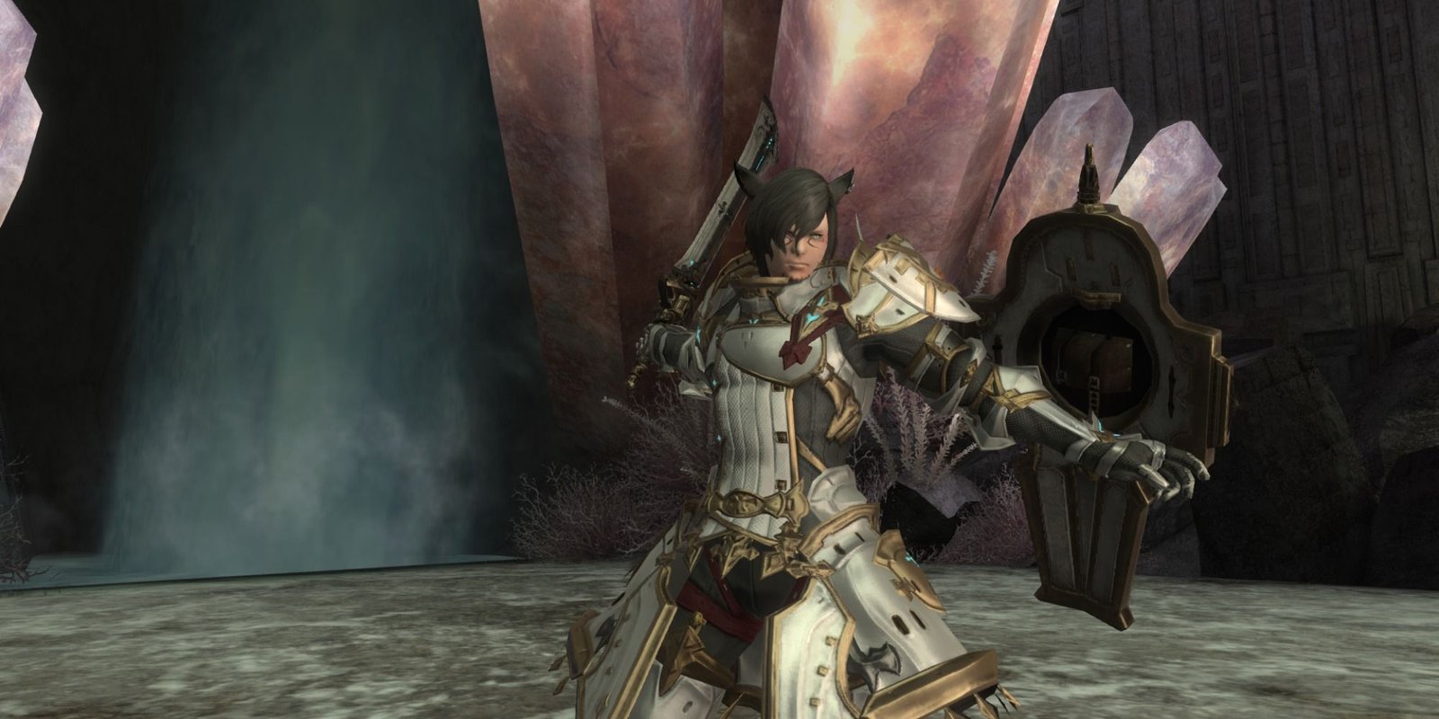 Final Fantasy 14 Gladiator Paladin with cat ears and silver and gold armor swinging sword