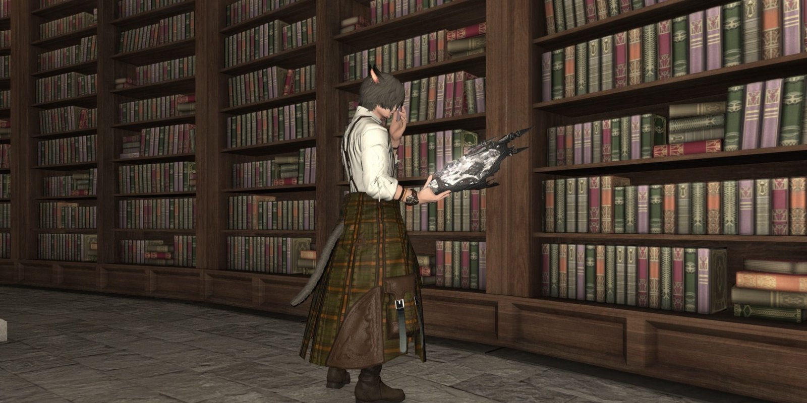 Final Fantasy 14 Scholar reading a book in front of a large book shelf