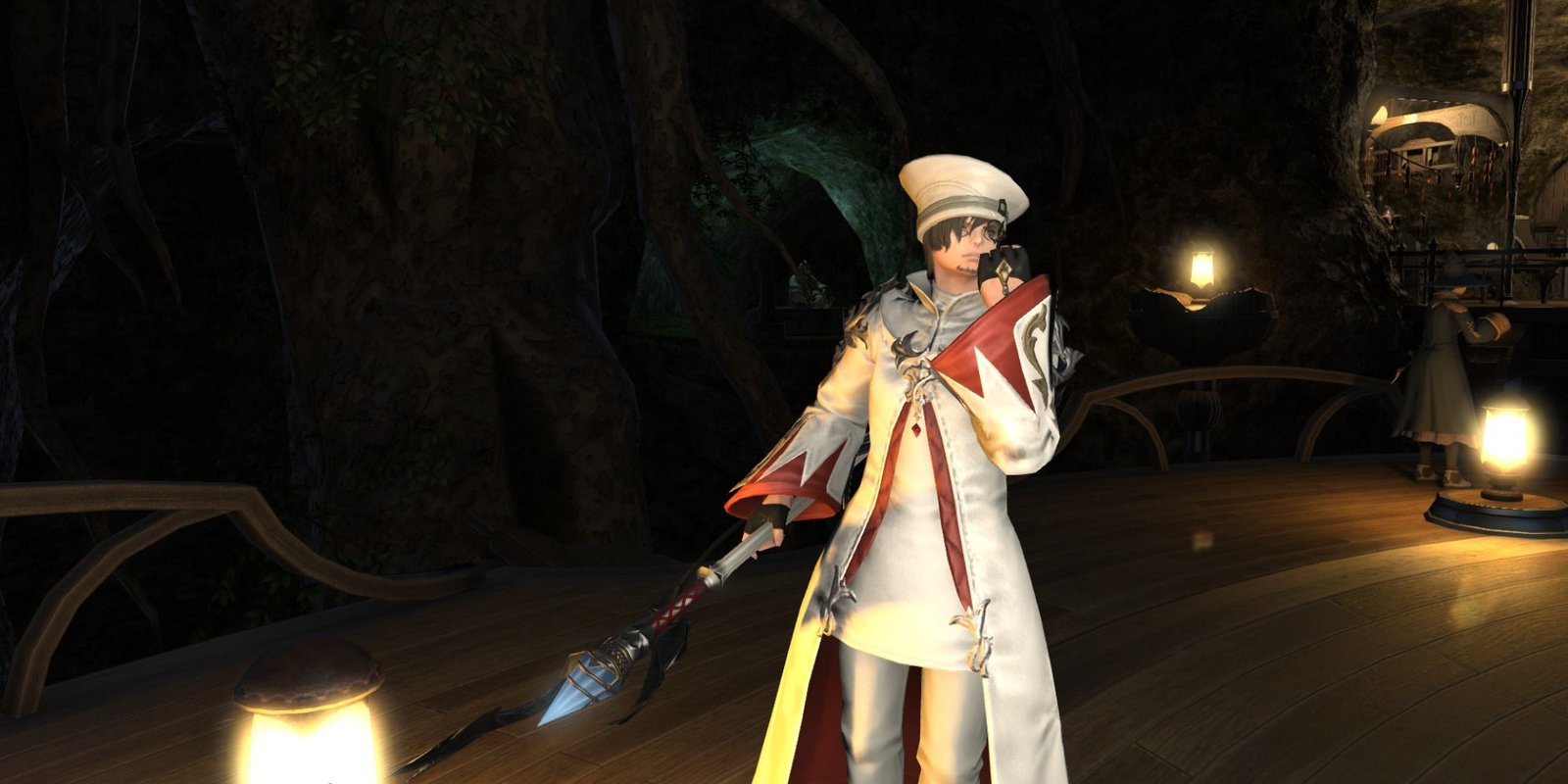 Final Fantasy 14 Conjurer White Mage posing for camera while holding staff at night