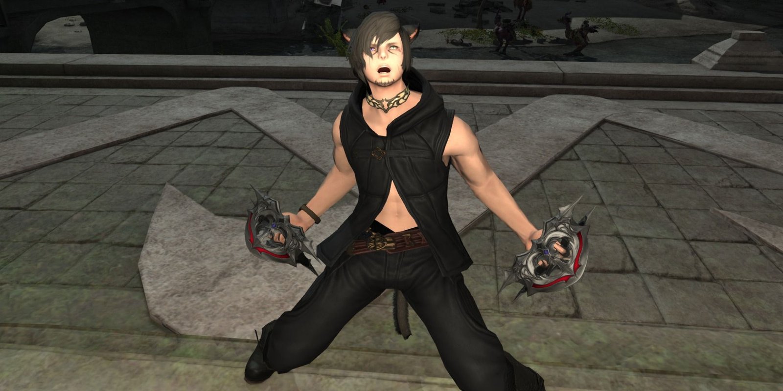 Final Fantasy 14 Pugilist Monk screaming at camera with gauntlets in hand