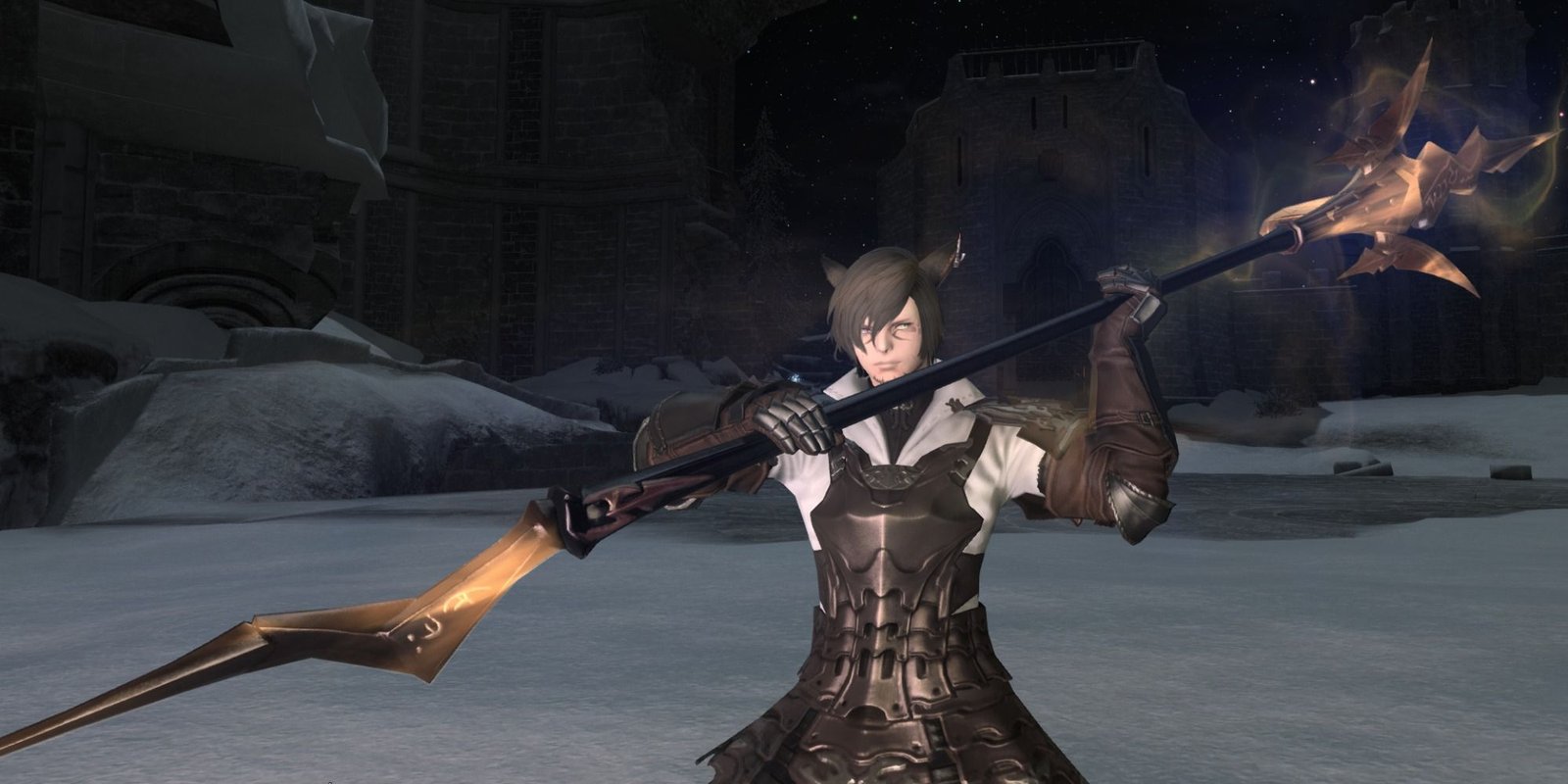 Final Fantasy 14 Lancer Dragoon holding weapon up in battle pose in snowy field at night