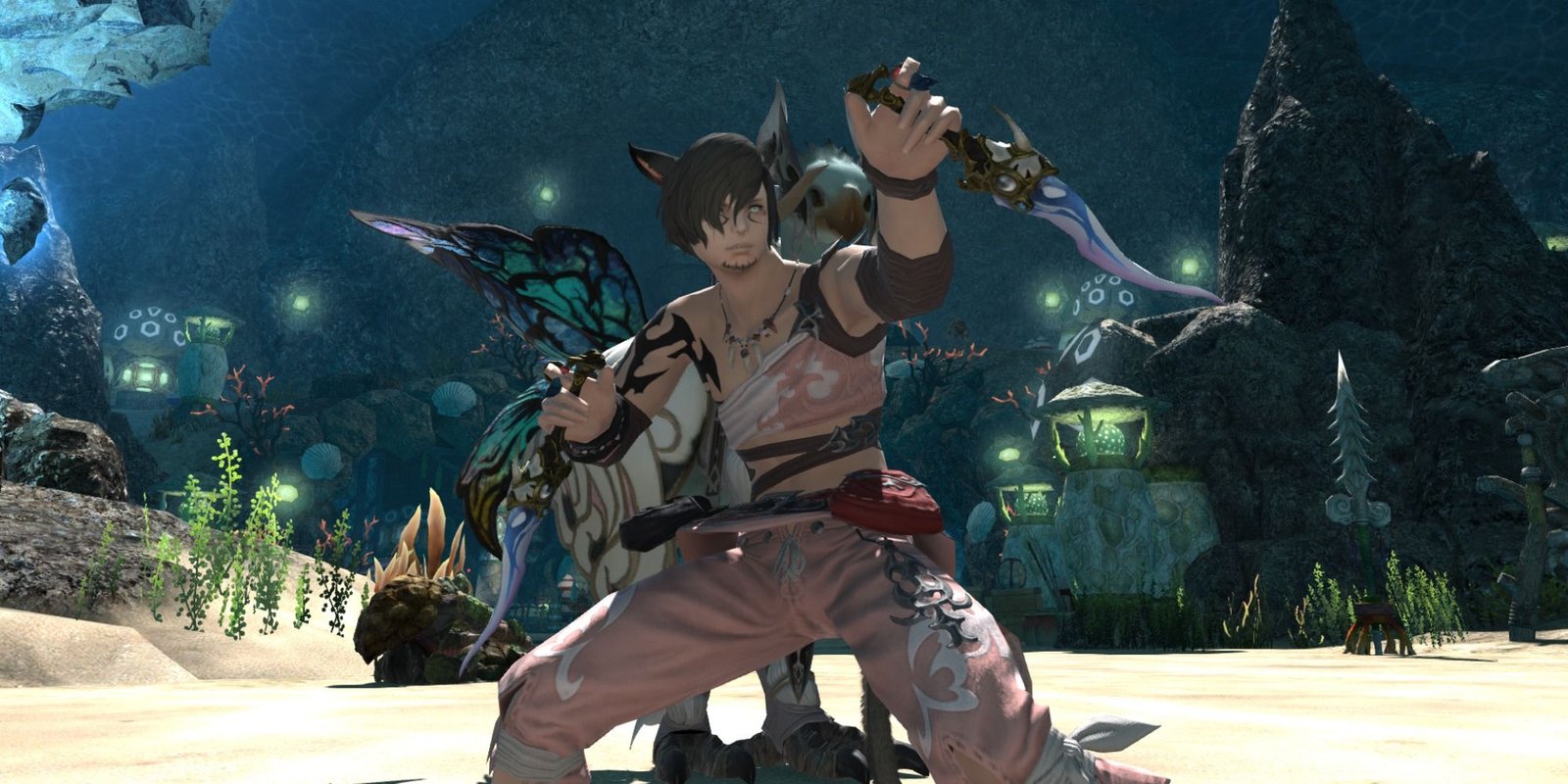 Final Fantasy 14 Rogue Ninja with cat ears holding daggers in fighter stance