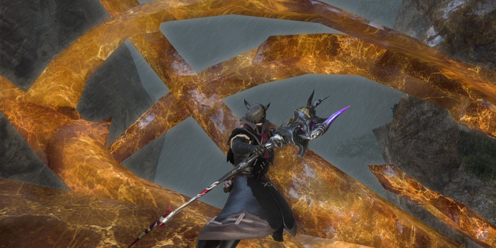 Final Fantasy 14 Thaumaturge Black Mage standing on amber-like branches holding large staff