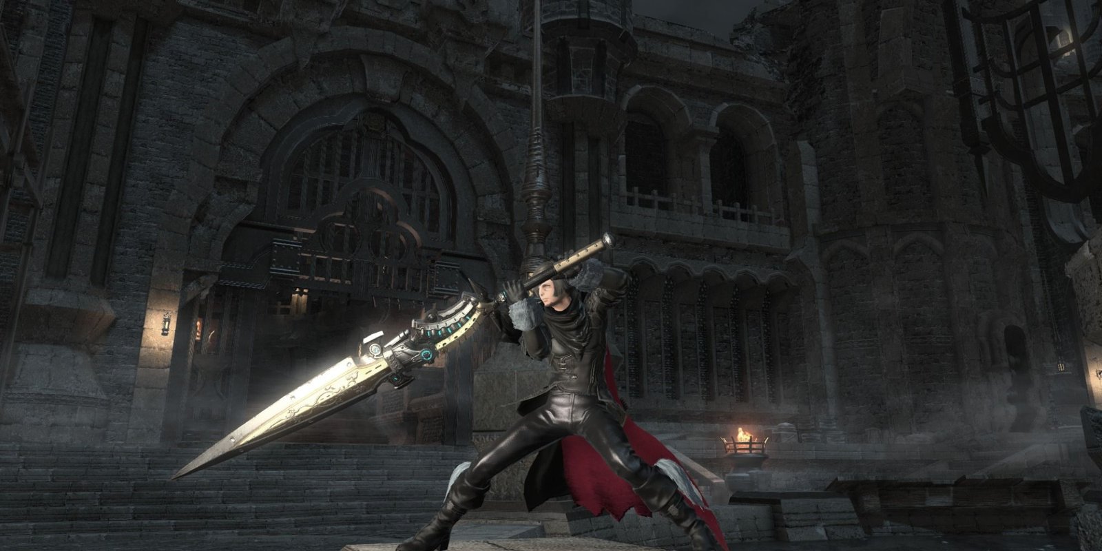 Final Fantasy 14 Dark Knight blocking with huge two-handed sword while posing in front of building