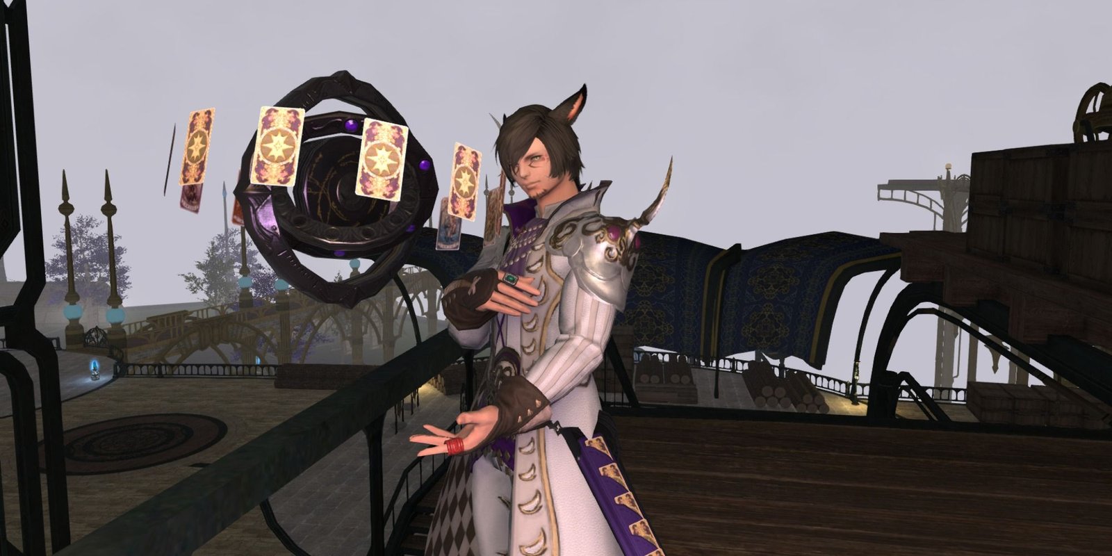 Final Fantasy 14 Astrologian using floating astrolab surrounded by tarot cards