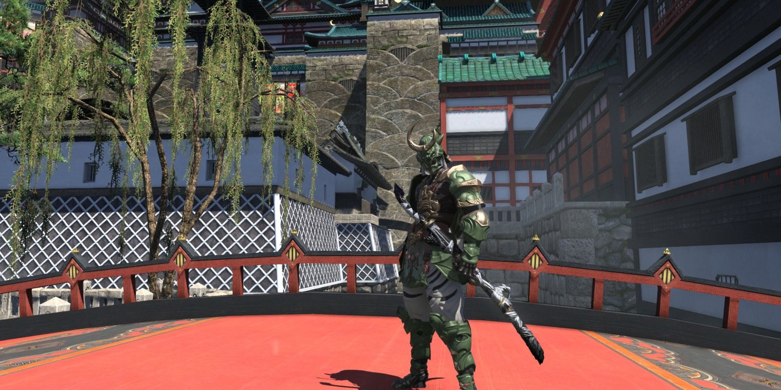 Final Fantasy 14 Samurai posing on red bridge with sheathed katana on hip