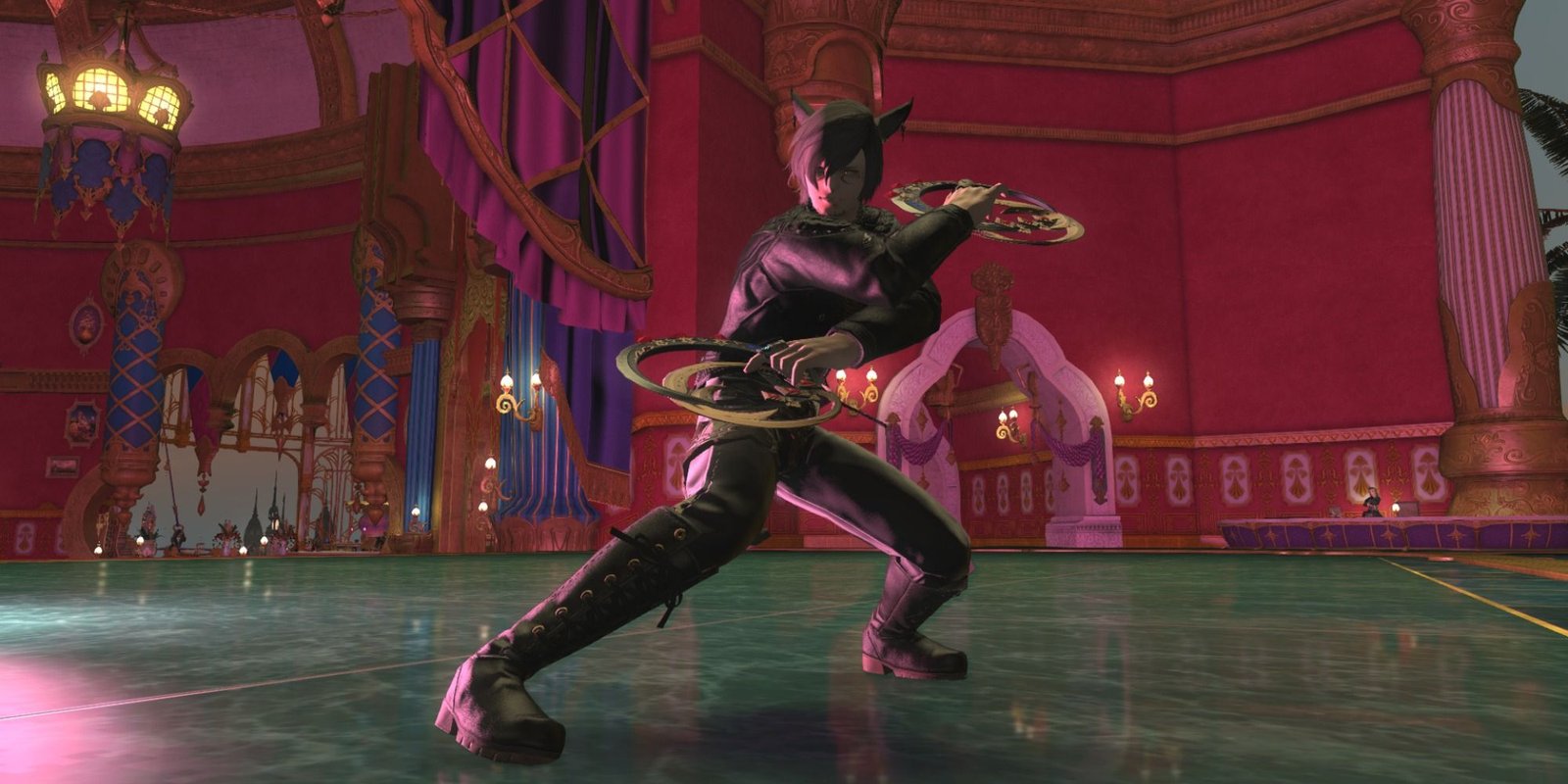 Final Fantasy 14 Dancer holding disc weapons in fighter stance inside palace