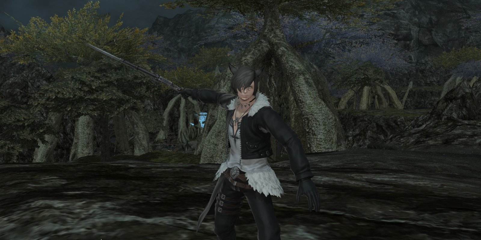 Final Fantasy 14 Gunbreaker holding rifle up in air while doing combat pose