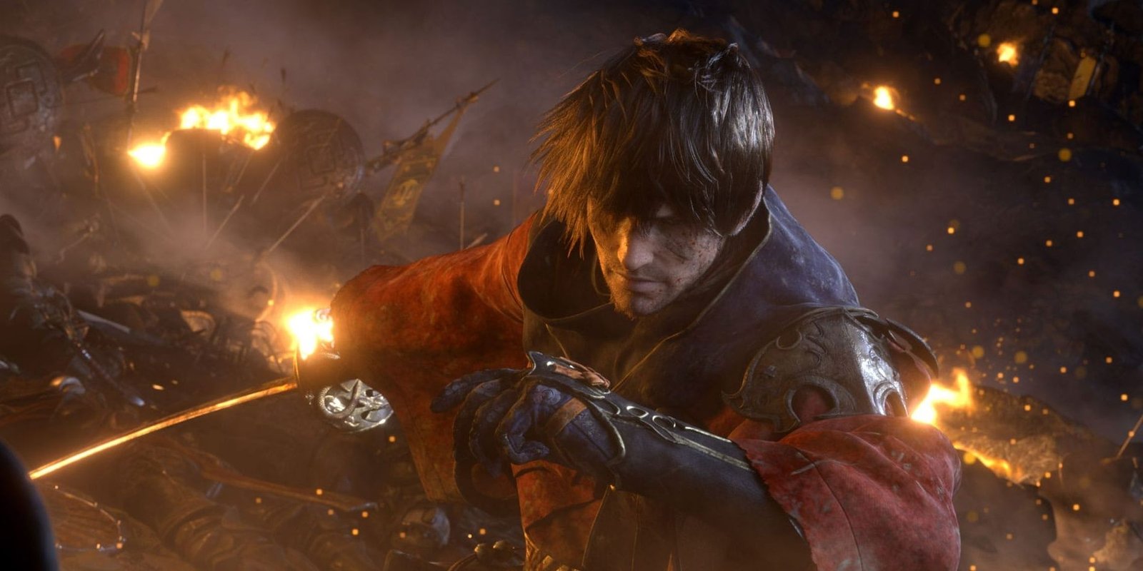 Shadowbringers main character mid battle with explosions going off in the background, in Final Fantasy 14