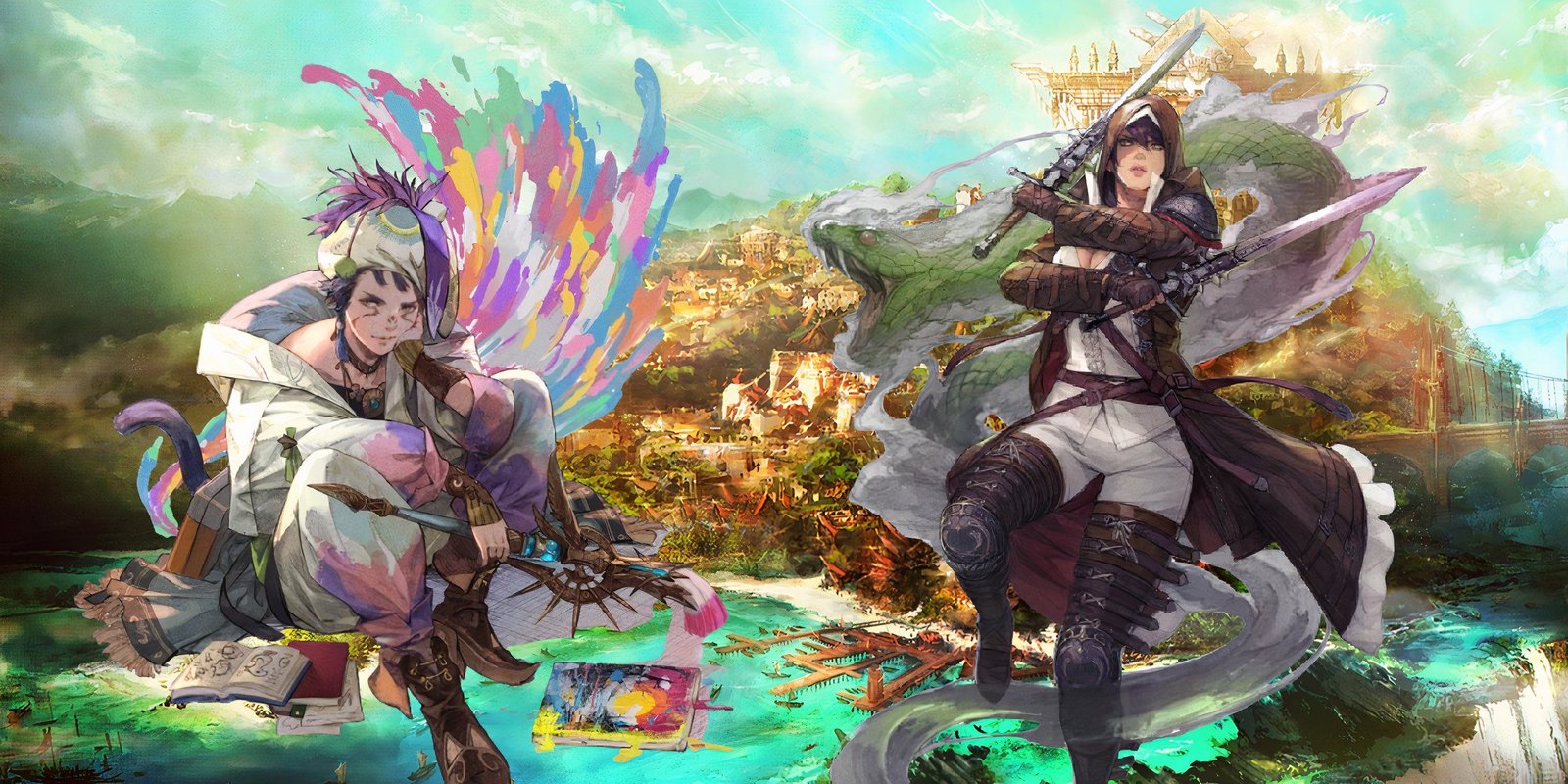 Official art of the Viper and Pictomancer jobs overlaid over area artwork - Final Fantasy 14