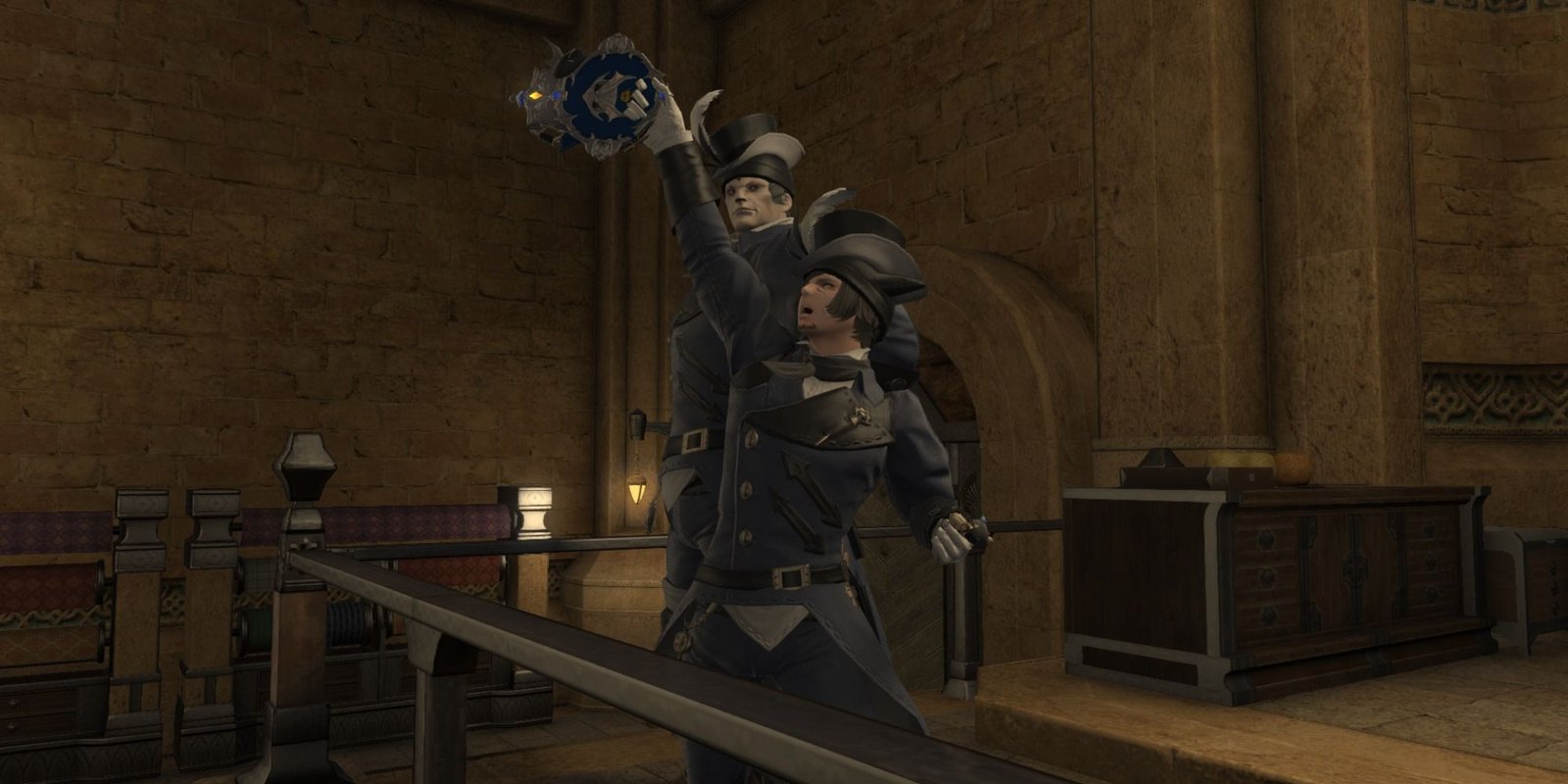 Final Fantasy 14 Weaver holding weapon high in air with player standing behind