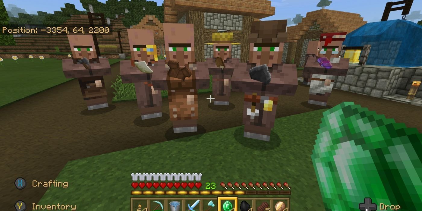 Minecraft group of villagers offering player items