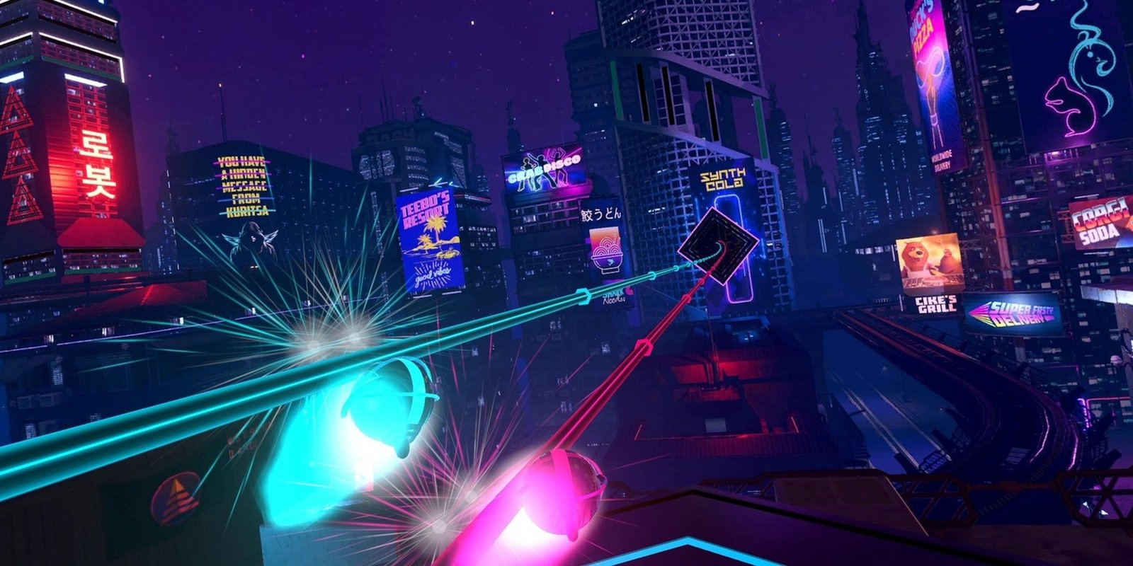 Synth Riders: Hanging off a zipline whilst flying through a cityscape.