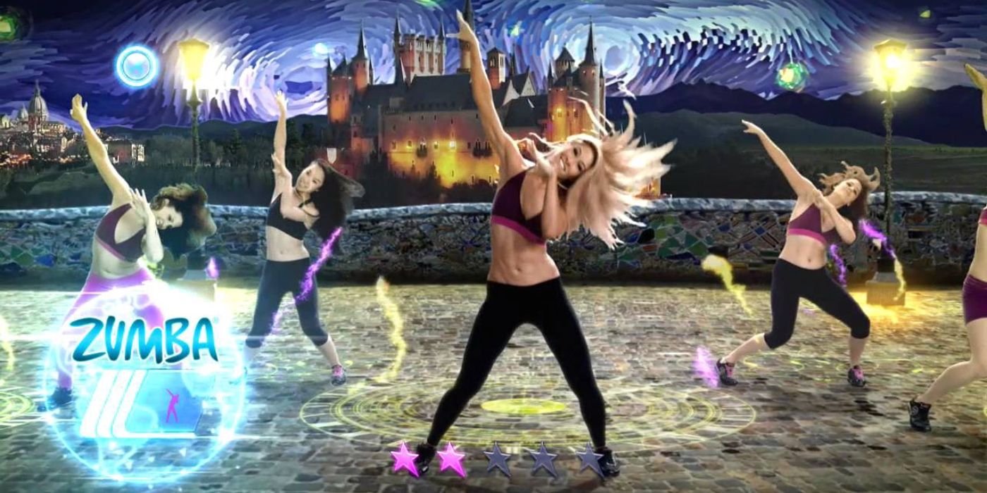 multiple people doing stretches in zumba fitness.