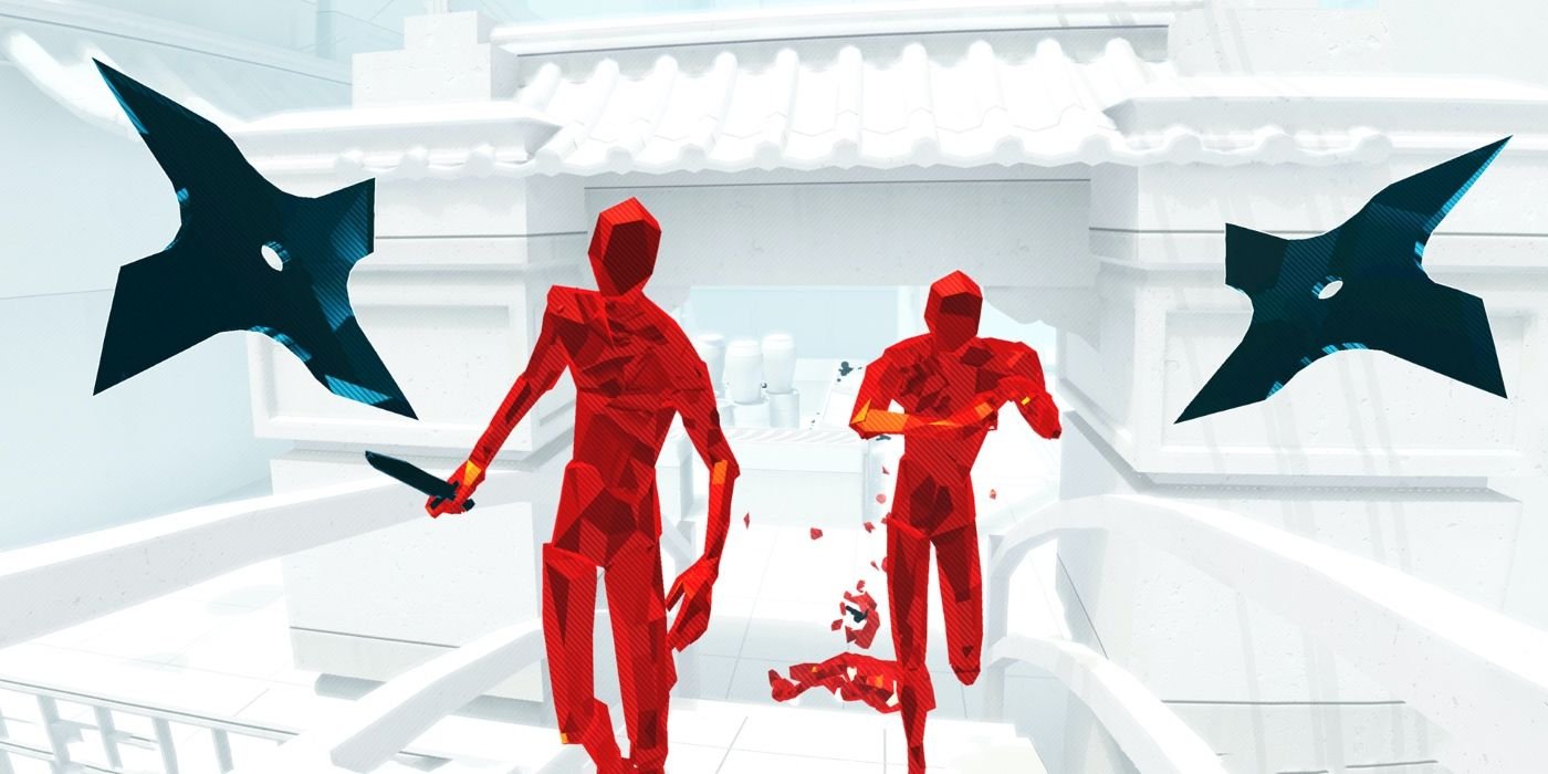 two red characters in superhot throwing shurikens in superhot vr.
