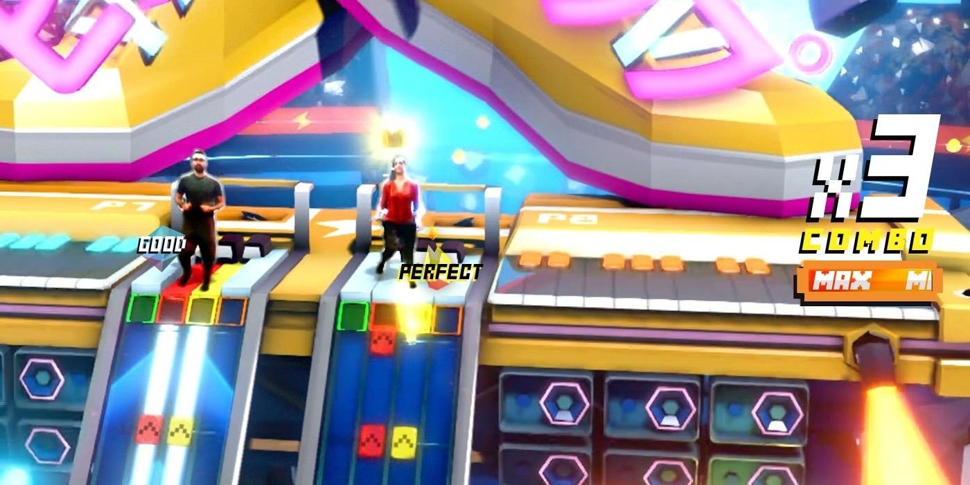 two people standing together in the shape up game.