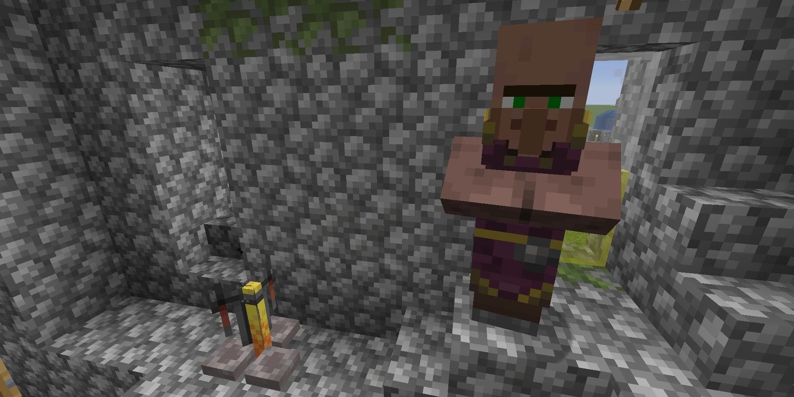 Cleric to the right of a brewing stand in Minecraft