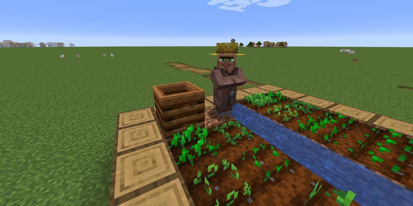 Farmer on a farm next to a Composter in Minecraft