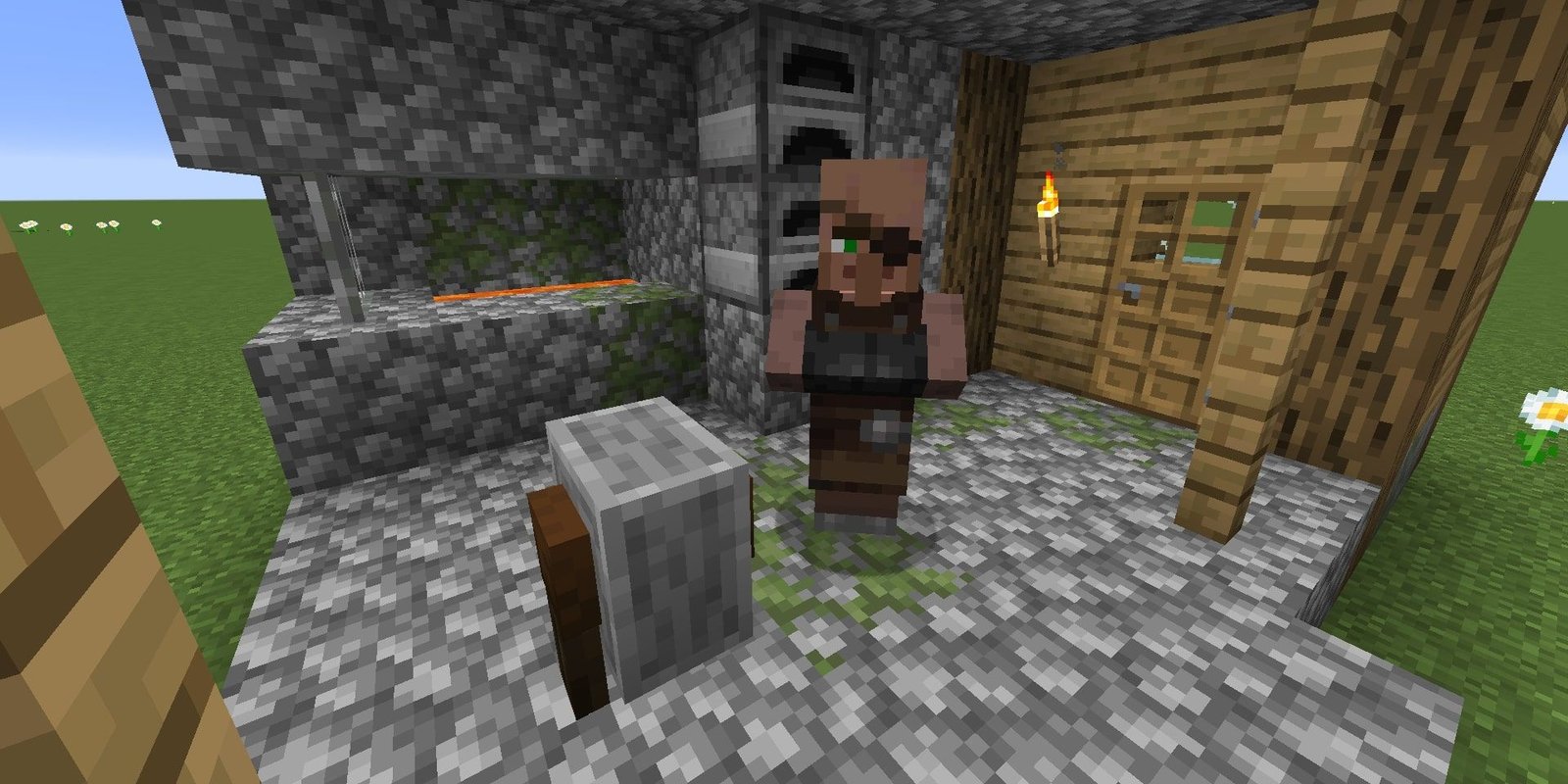 Weaponsmith next to a Grindstone in Minecraft