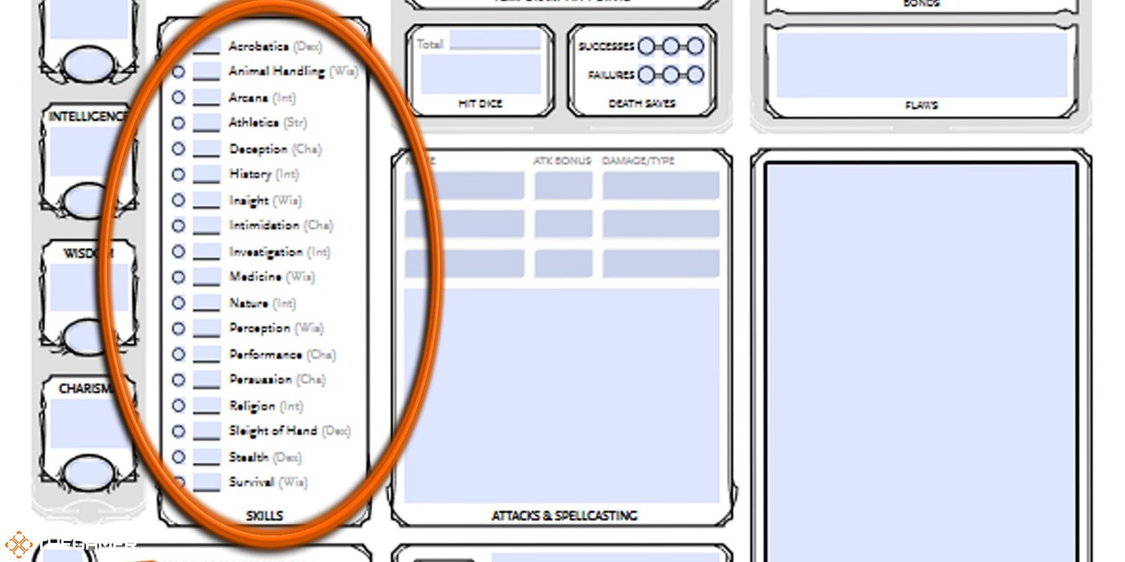 Dungeons and Dragons - character sheet, skills