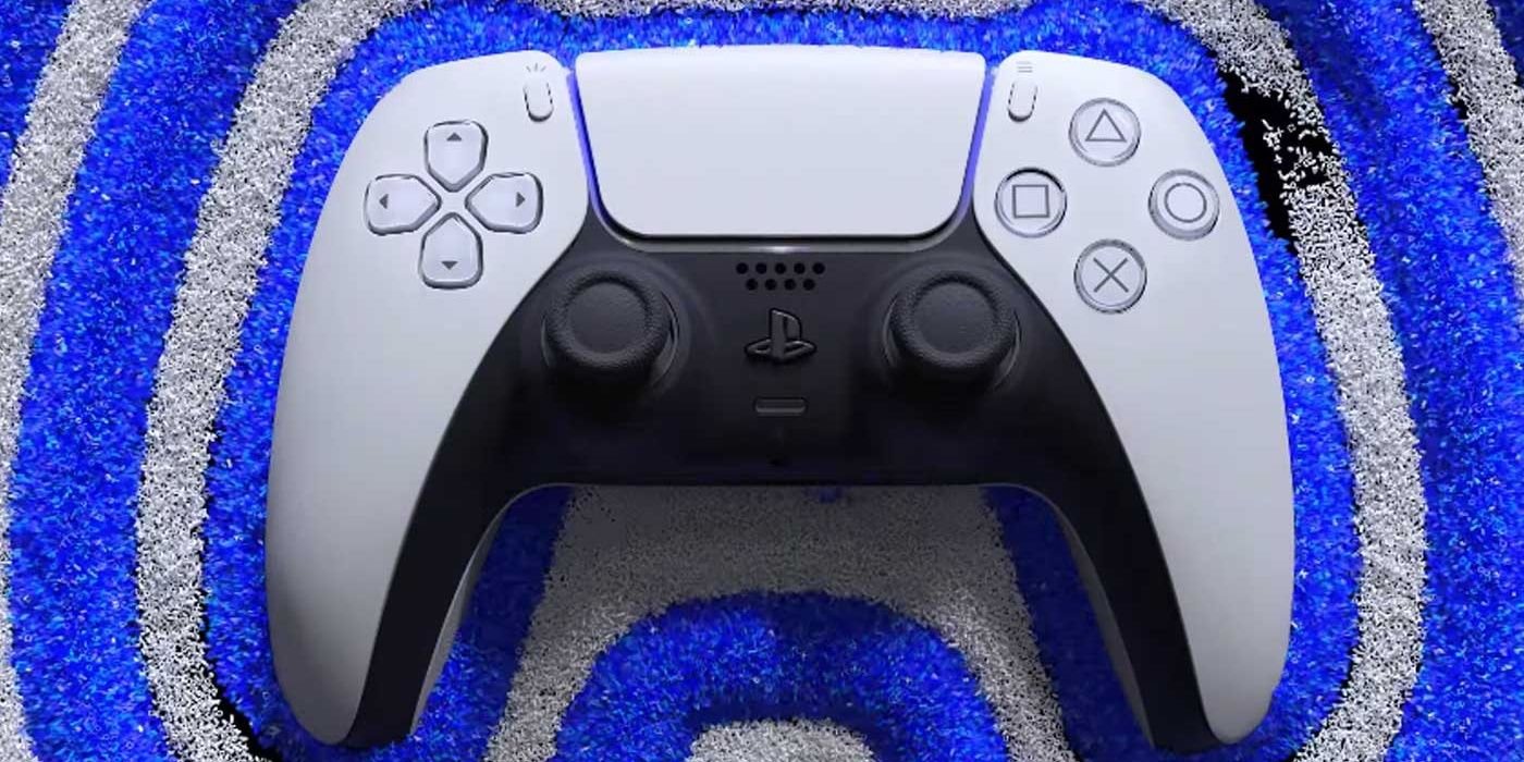 A Dual Sense contoller on a blue and white background. 