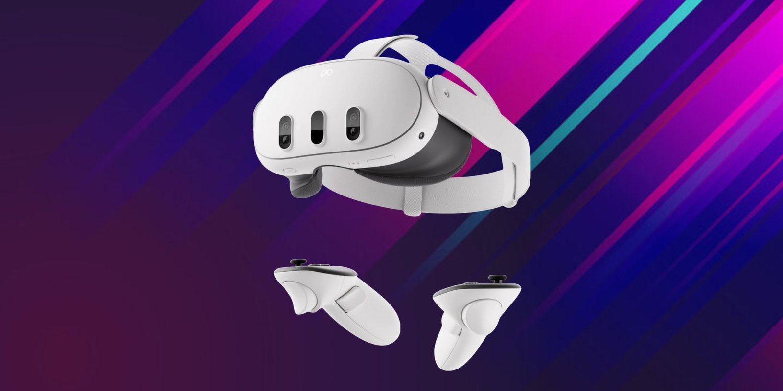 A Meta Quest and controllers on a purple background. 