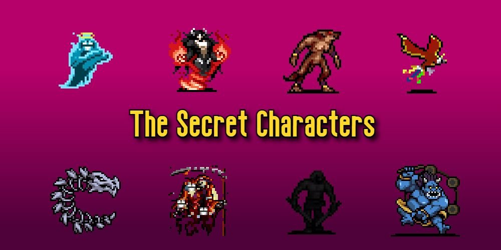 Here are a handful of the secret characters. From top-left is Exdash, Avatar, Minnah, and Cosmo. From bottom-left is Gains, MissingNo, Marrabbio, and  Scorej-Oni.