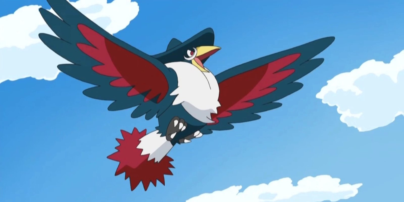 Honchkrow soars through the air with it's mouth open