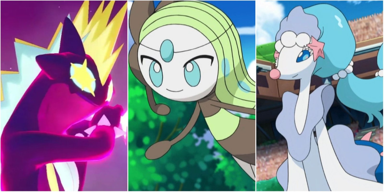 Split image screenshots of Gigantamax Toxtricity, Meloetta and Primarina.