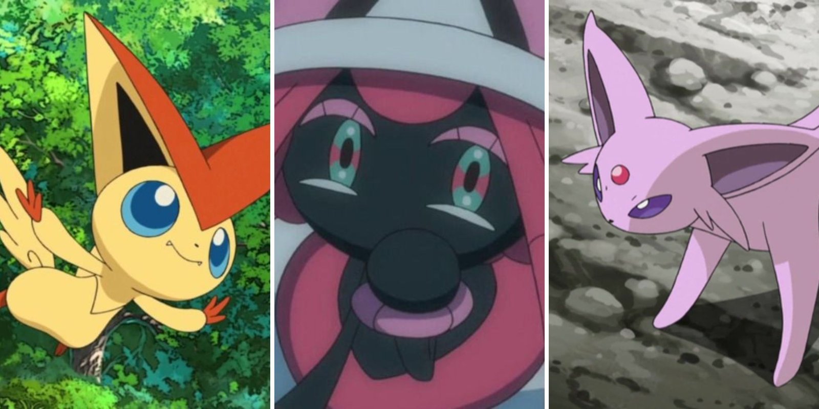 Victini soars through the air, Tapu Lele looks bashful, Espeon prepares for battle
