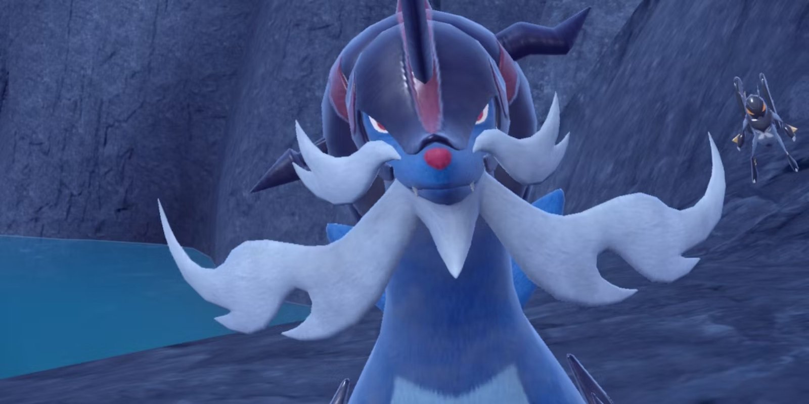 Hisuian Samurott looks into the camera while standing beside water in Pokemon Scarlet & Violet.